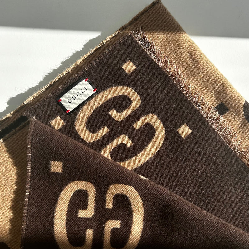 Gucci Brown Logo Wool and Silk Mix Scarf
