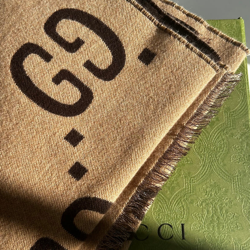 Gucci Brown Logo Wool and Silk Mix Scarf
