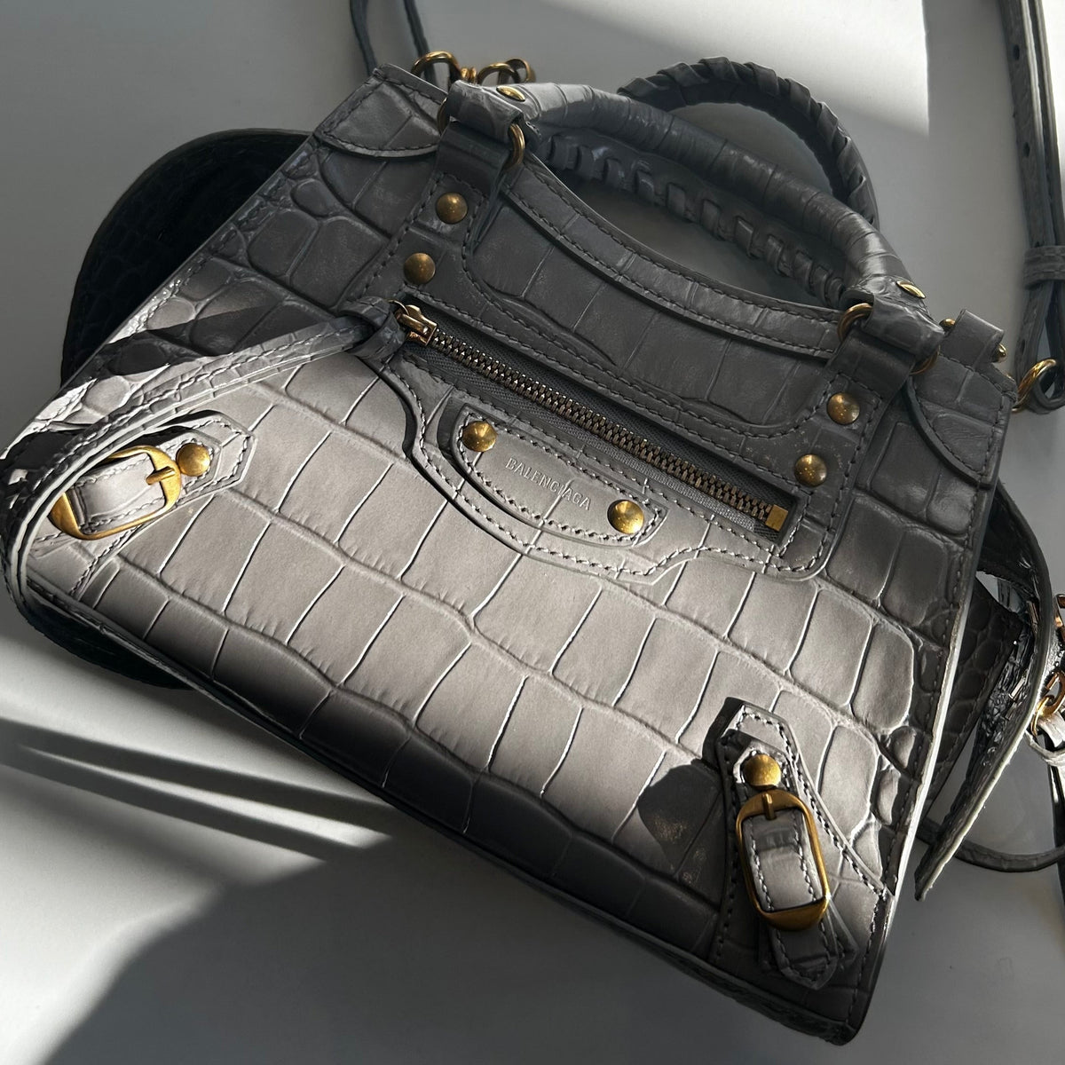 Balenciaga Grey Croc Embossed Mini Neo City Bag
