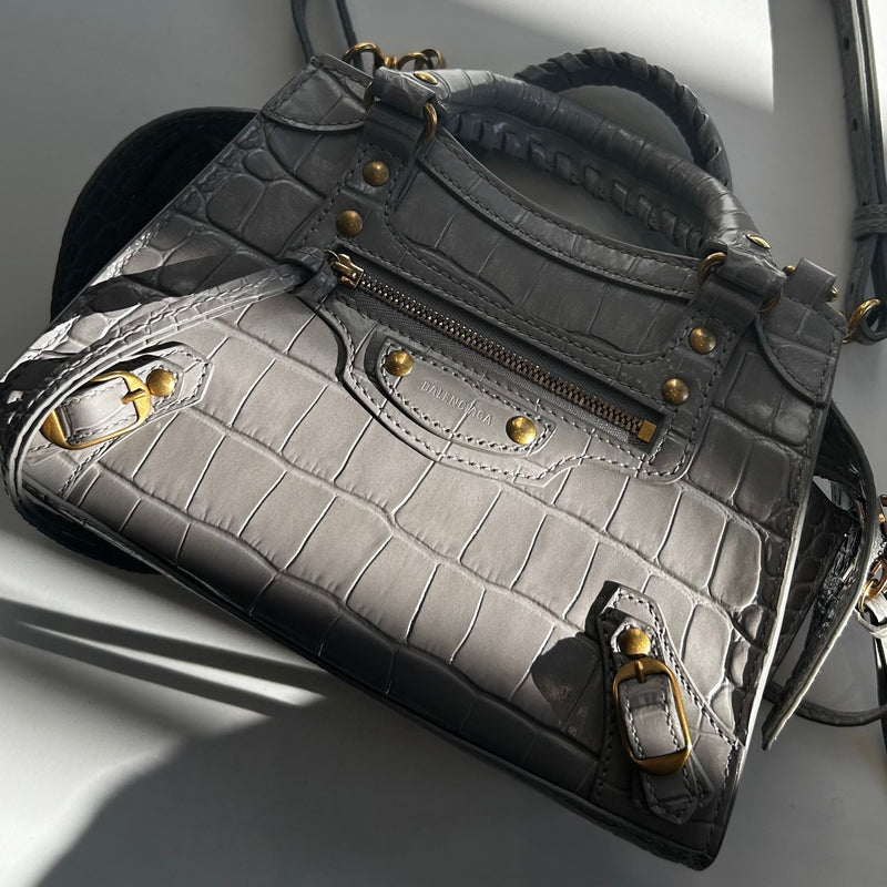 Balenciaga Grey Croc Embossed Mini Neo City Bag