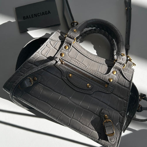Balenciaga Grey Croc Embossed Mini Neo City Bag