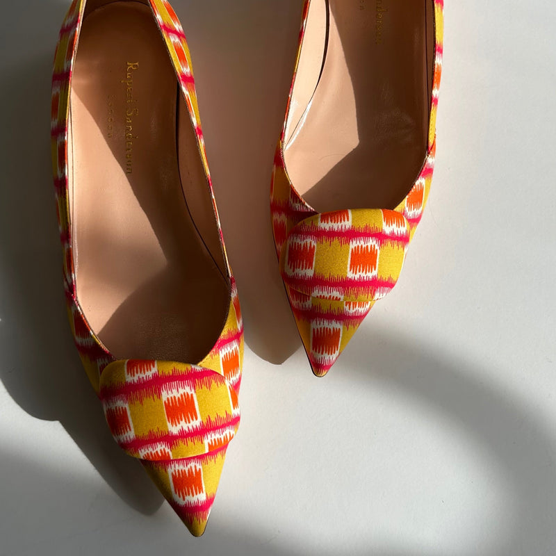 Rupert Sanderson Yellow Orange Pink Print Pointy Pumps