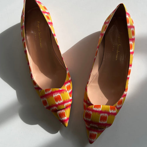 Rupert Sanderson Yellow Orange Pink Print Pointy Pumps
