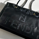 Fendi Black Leather Trim Mesh Logo Tote Bag