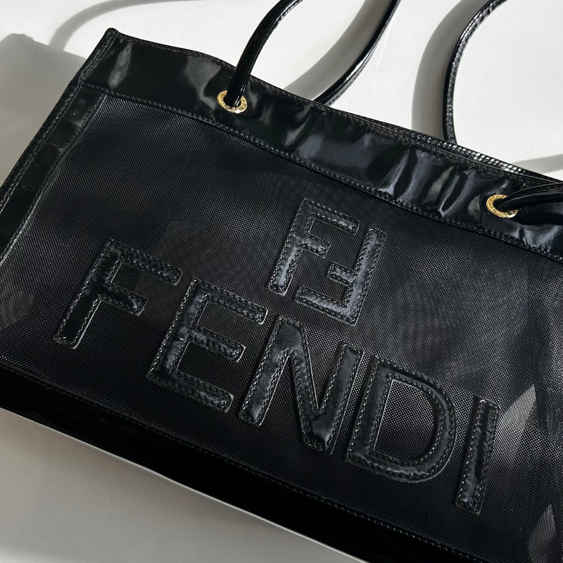 Fendi Black Leather Trim Mesh Logo Tote Bag