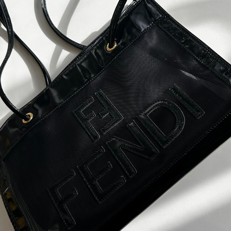 Fendi Black Leather Trim Mesh Logo Tote Bag