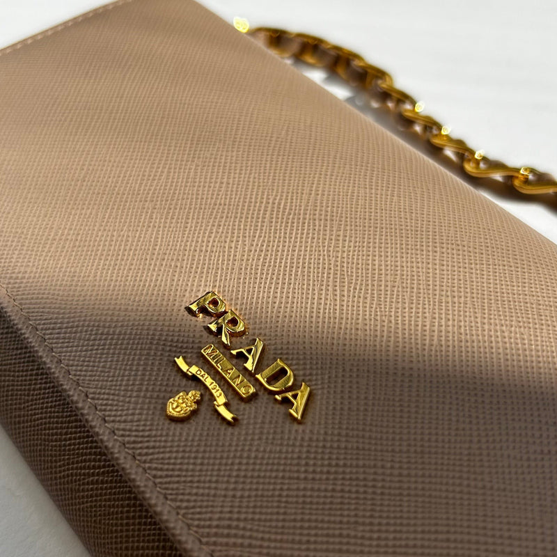 Prada Nude Saffiano Wallet on Chain
