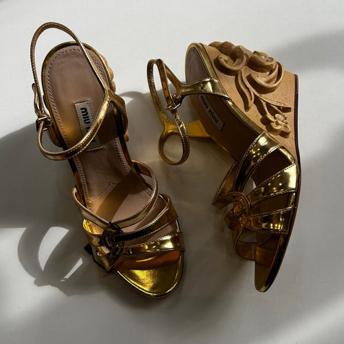 Miu Miu Gold Carved Wooden Wedge