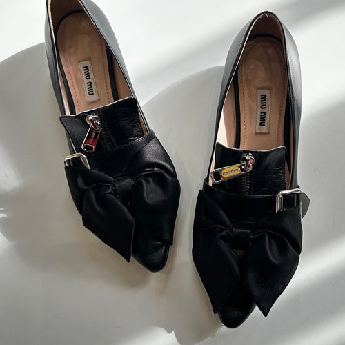 Miu Miu Black Leather Satin Bow Slip On Shoes
