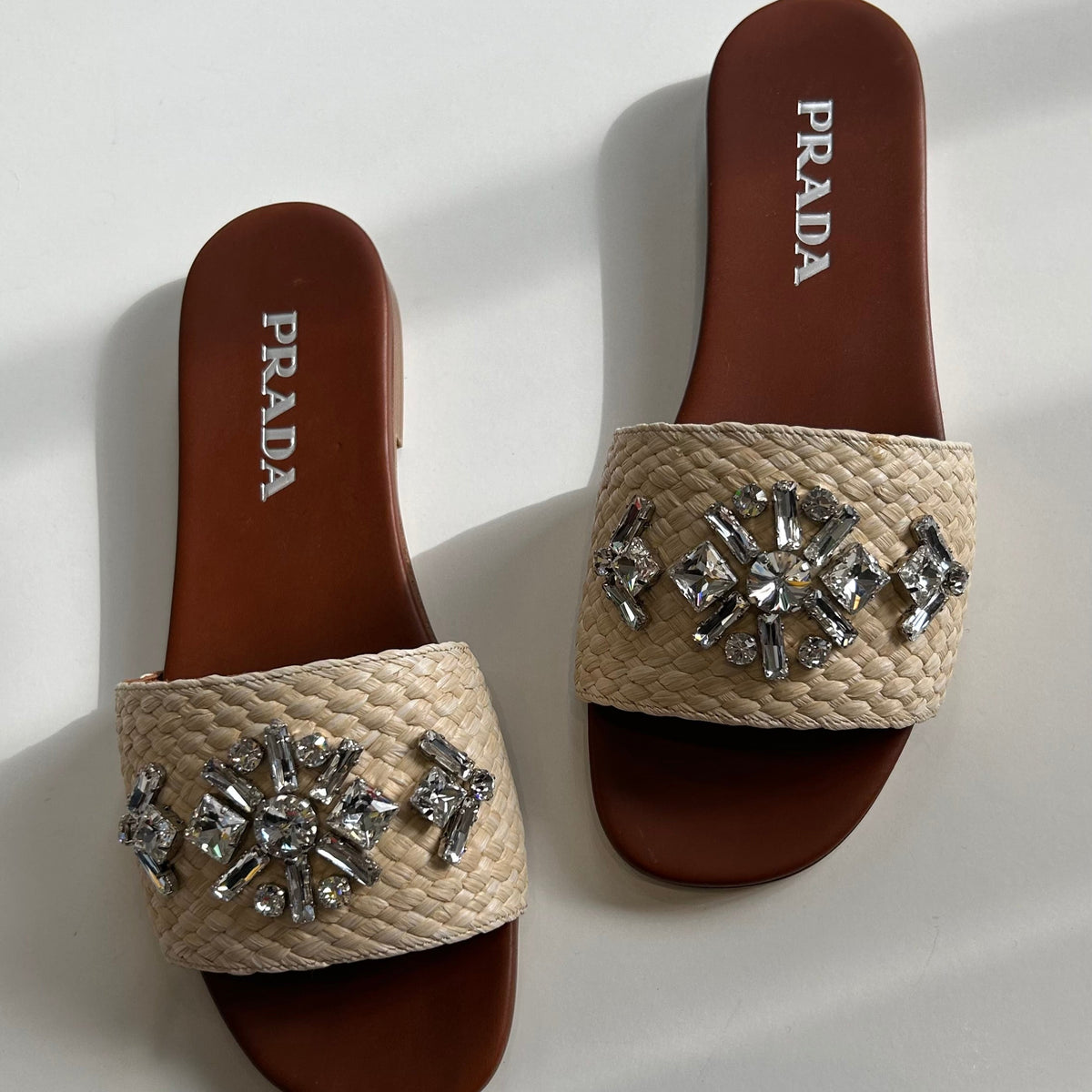 Prada Beige Crystal Embellished Raffia Slides
