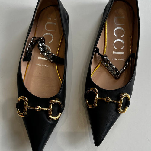 Gucci Black Leather Horsebit Silver Chain Flat Pointy Pumps