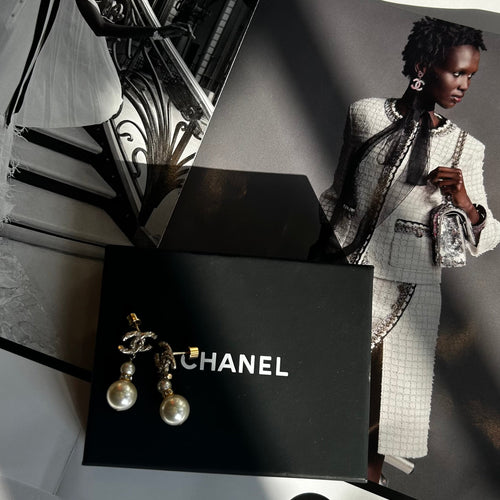 Chanel Gold Faux Pearl CC Drop Earrings