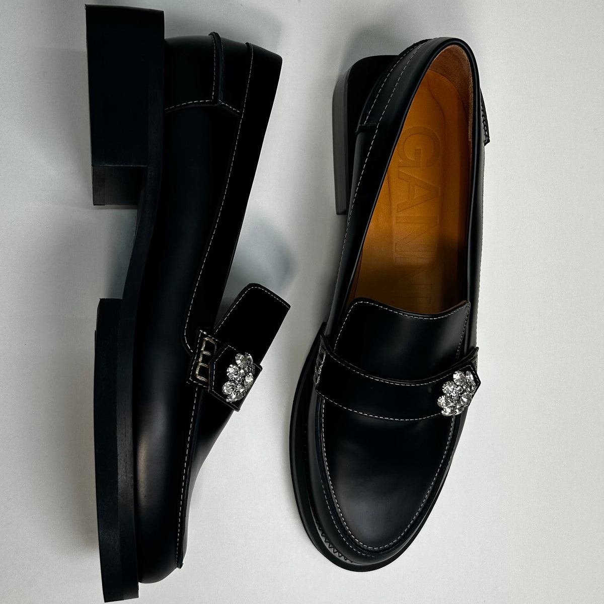 Ganni Black Embellished Leather Loafers