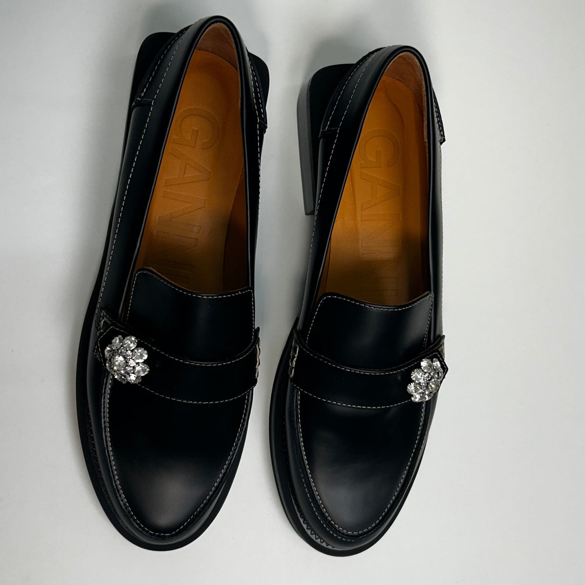 Ganni Black Embellished Leather Loafers