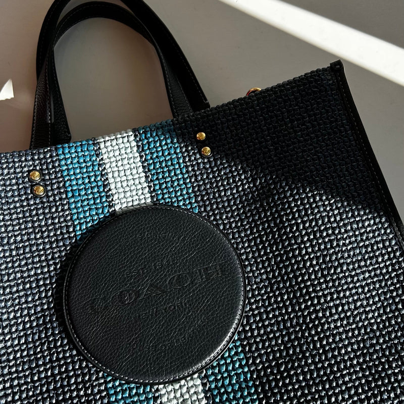 Coach Navy Blue Stripe Straw Exterior Dempsey Tote 40 Bag