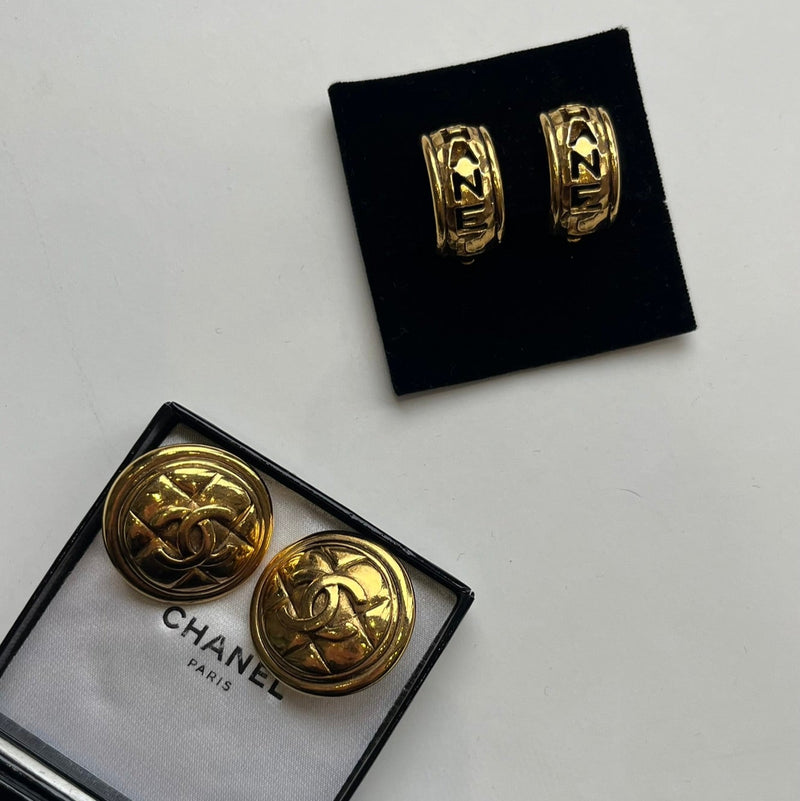 Chanel Gold Vintage Cut Out Logo Clip On Hoop Earrings