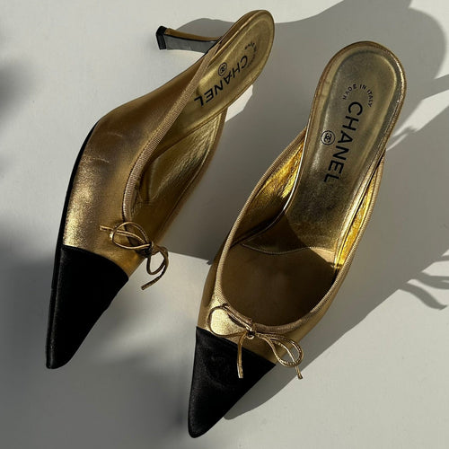 Chanel Gold Leather Black Satin Toe Kitten Mules