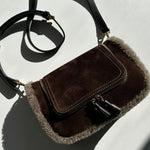 Anya Hindmarch Small Vere Satchel in Coffee Suede with Shearling Trim
