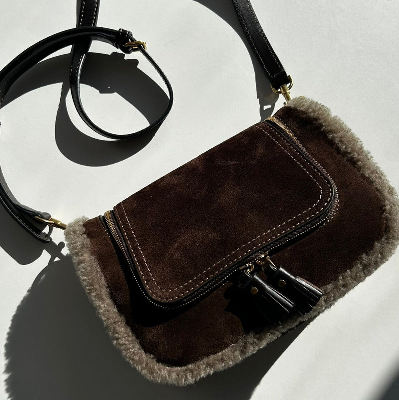 Anya Hindmarch Small Vere Satchel in Coffee Suede with Shearling Trim