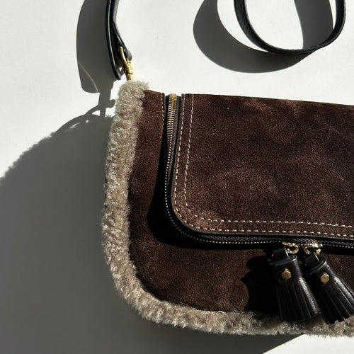 Anya Hindmarch Small Vere Satchel in Coffee Suede with Shearling Trim