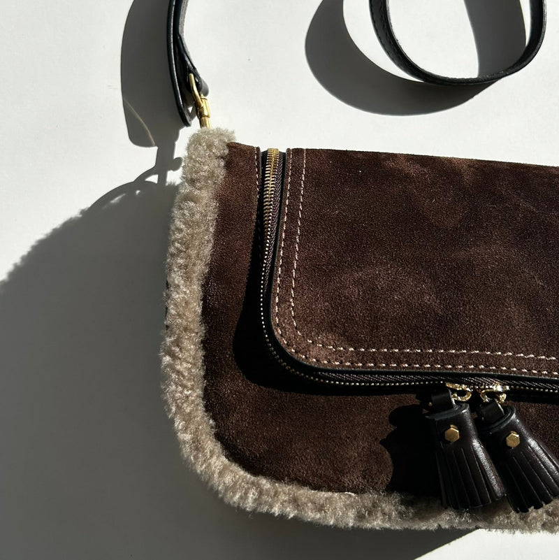 Anya Hindmarch Small Vere Satchel in Coffee Suede with Shearling Trim