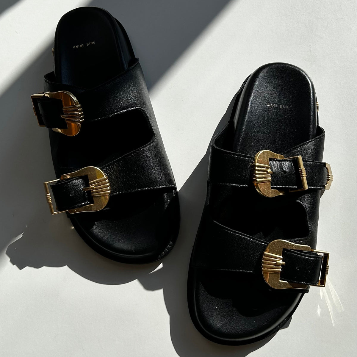 Anine Bing Black Gold Buckle Waylon Double-Strap Sliders
