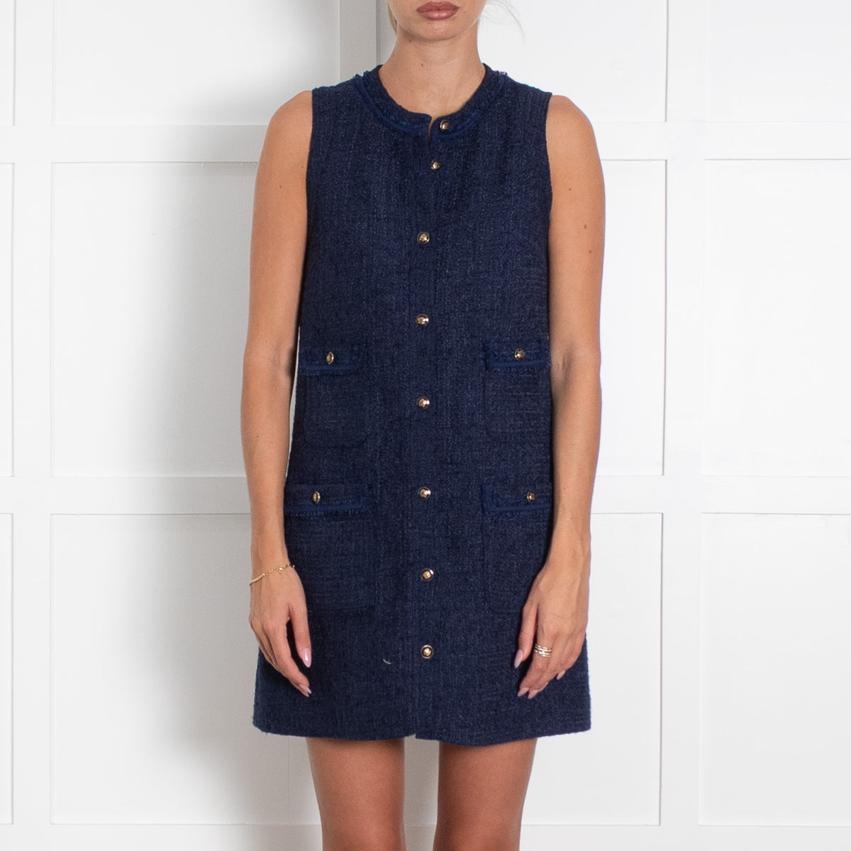 Sandro Dark Blue Boucle Patch Pocket Sleeveless Mini Dress
