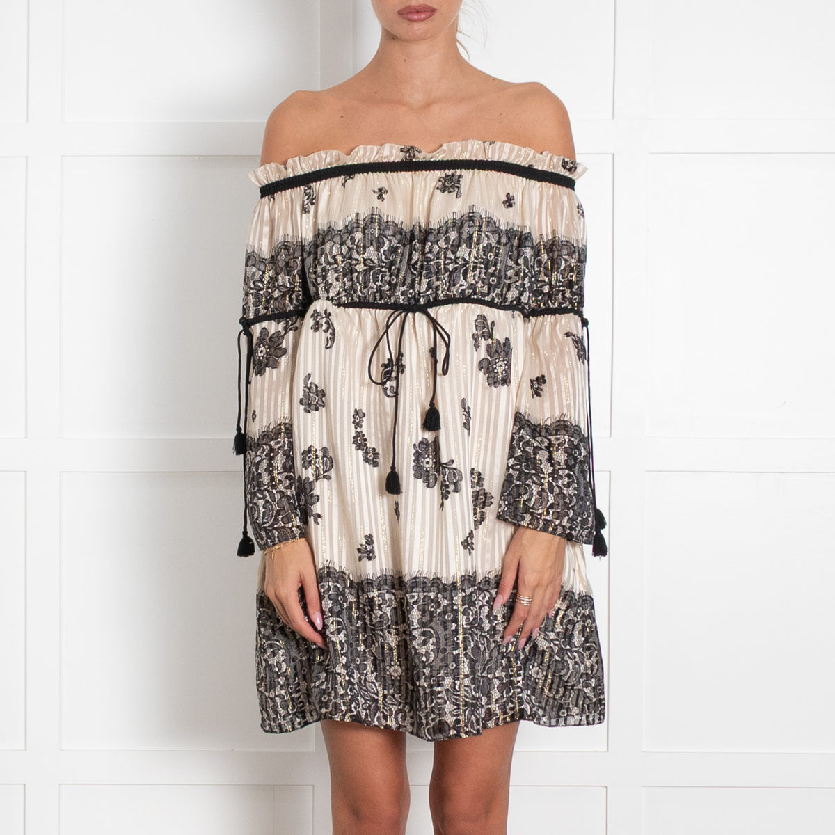 Rachel Zoe Black And Cream Tunic Off Shoulder Dress With Metallic Floral Lace Detailing