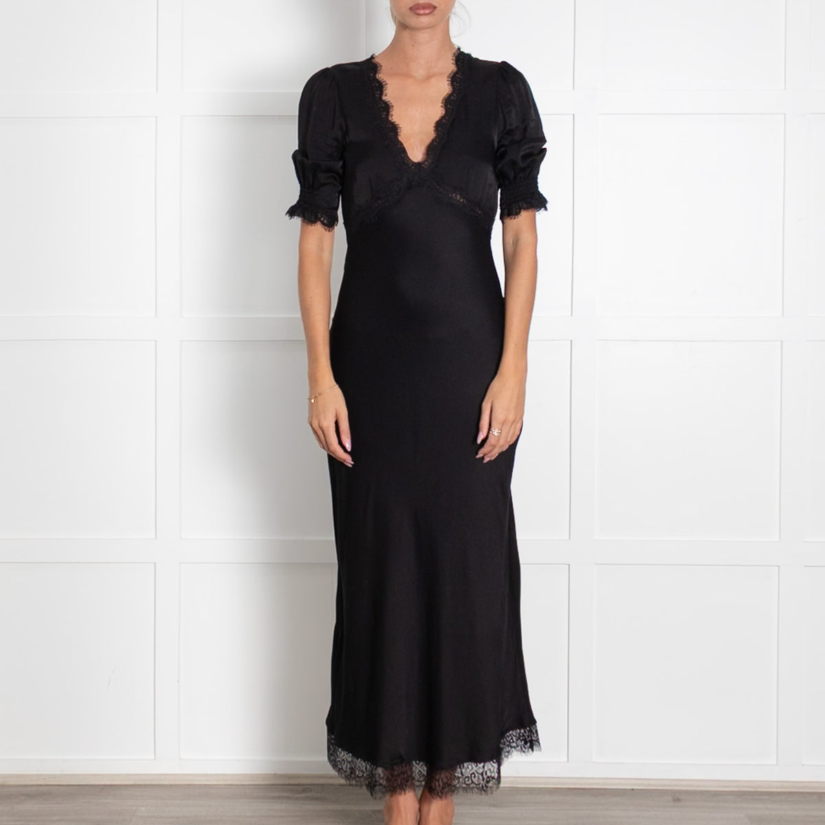 Rixo Black Annina Lace Trim Midi Dress