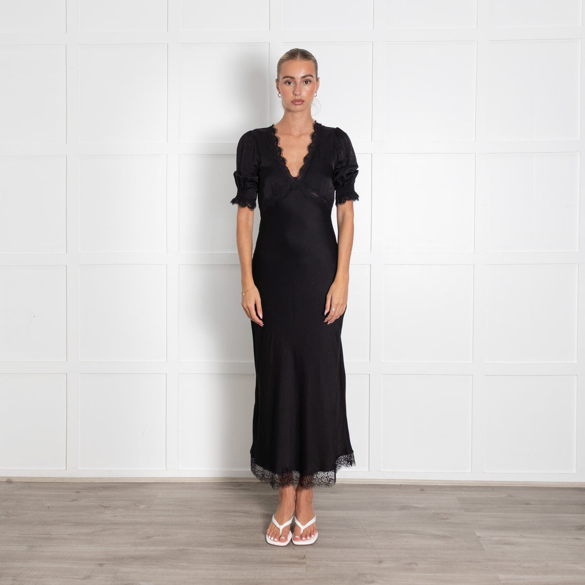 Rixo Black Annina Lace Trim Midi Dress
