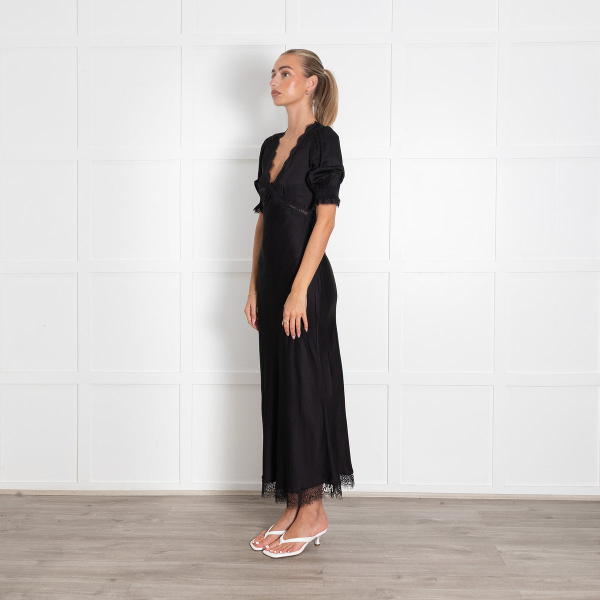 Rixo Black Annina Lace Trim Midi Dress