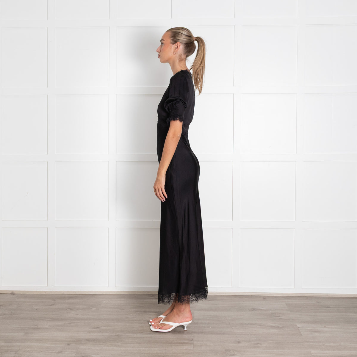 Rixo Black Annina Lace Trim Midi Dress
