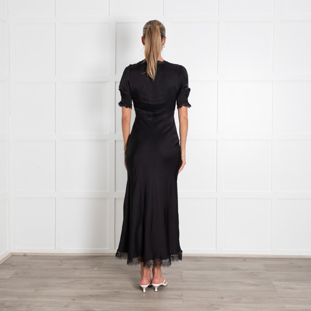 Rixo Black Annina Lace Trim Midi Dress