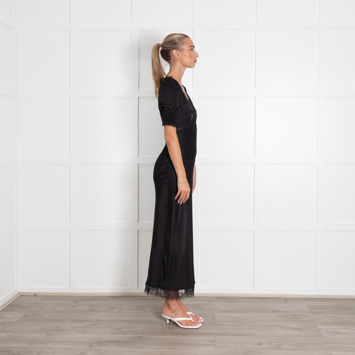 Rixo Black Annina Lace Trim Midi Dress