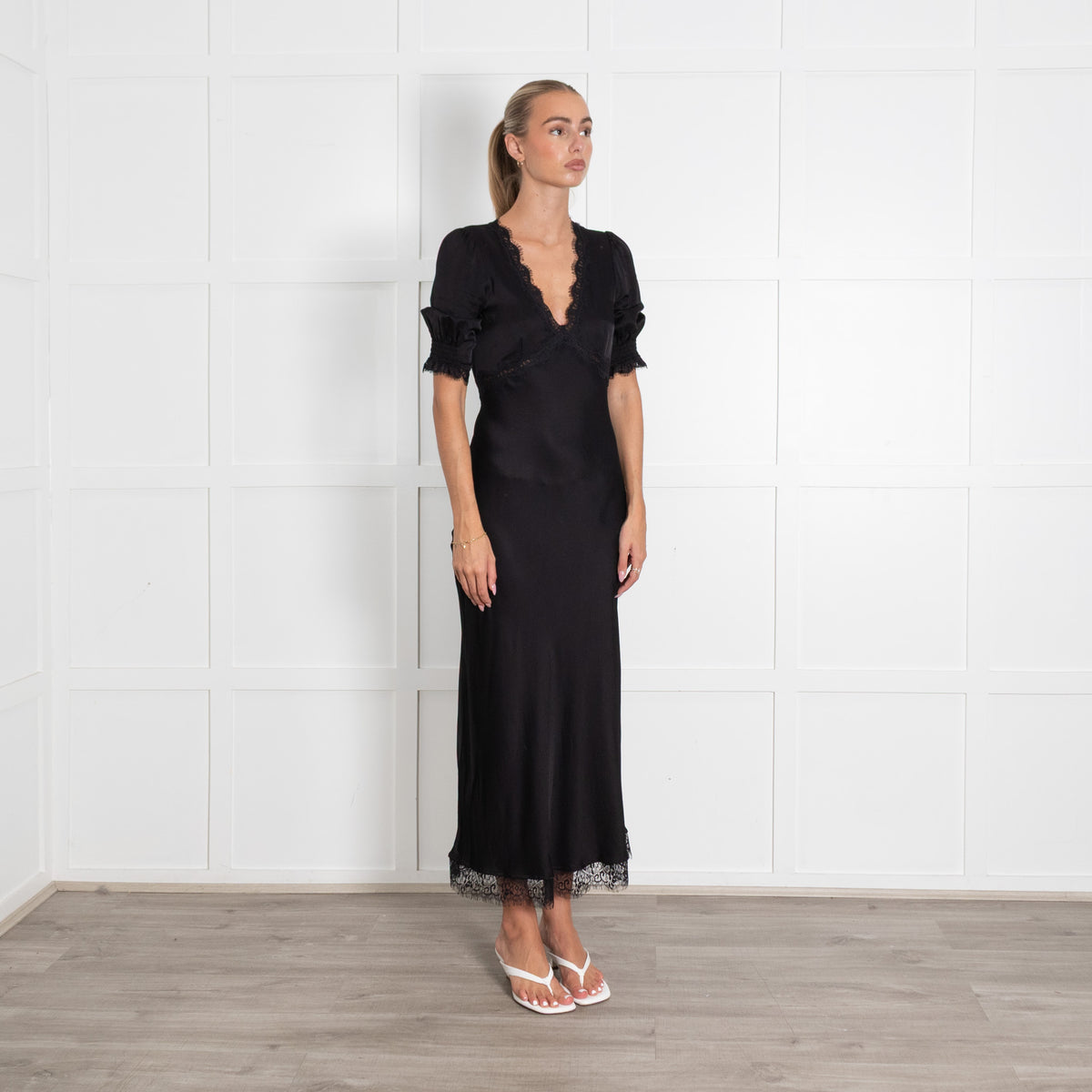 Rixo Black Annina Lace Trim Midi Dress
