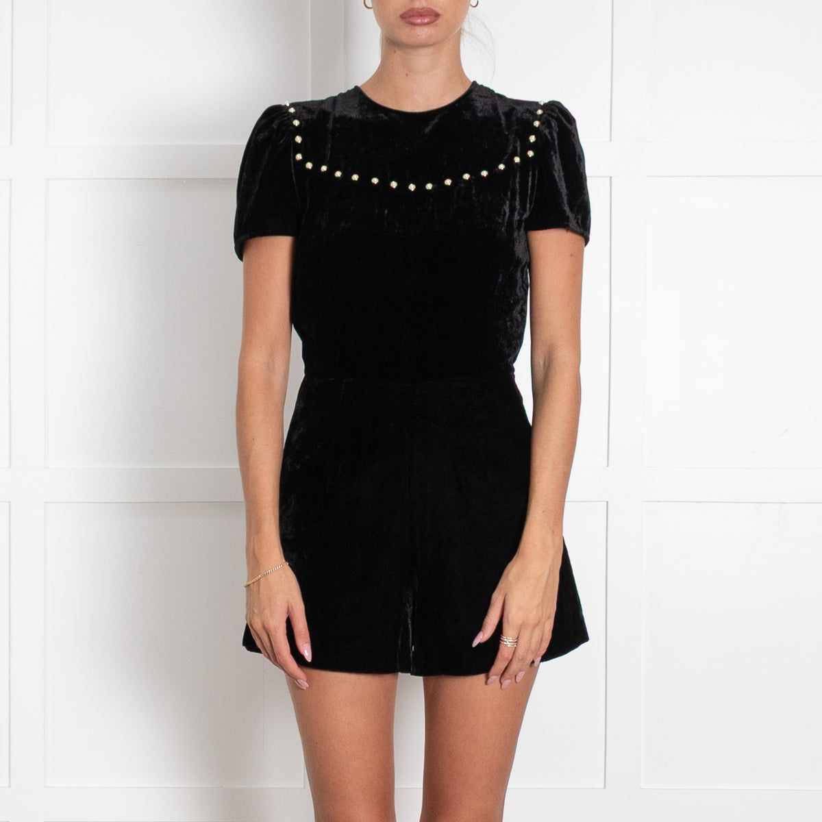 Sandro Black Velvet Pearl Playsuit with Tie Back