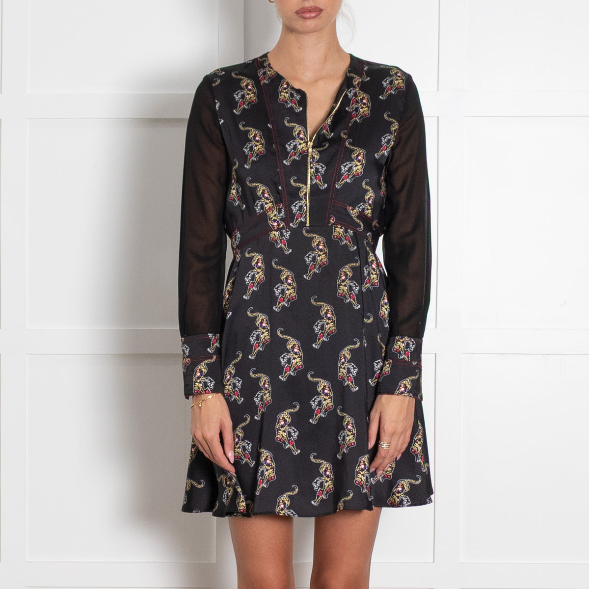 Sandro Black Floral Leopard Motif Zip Front Blouse
