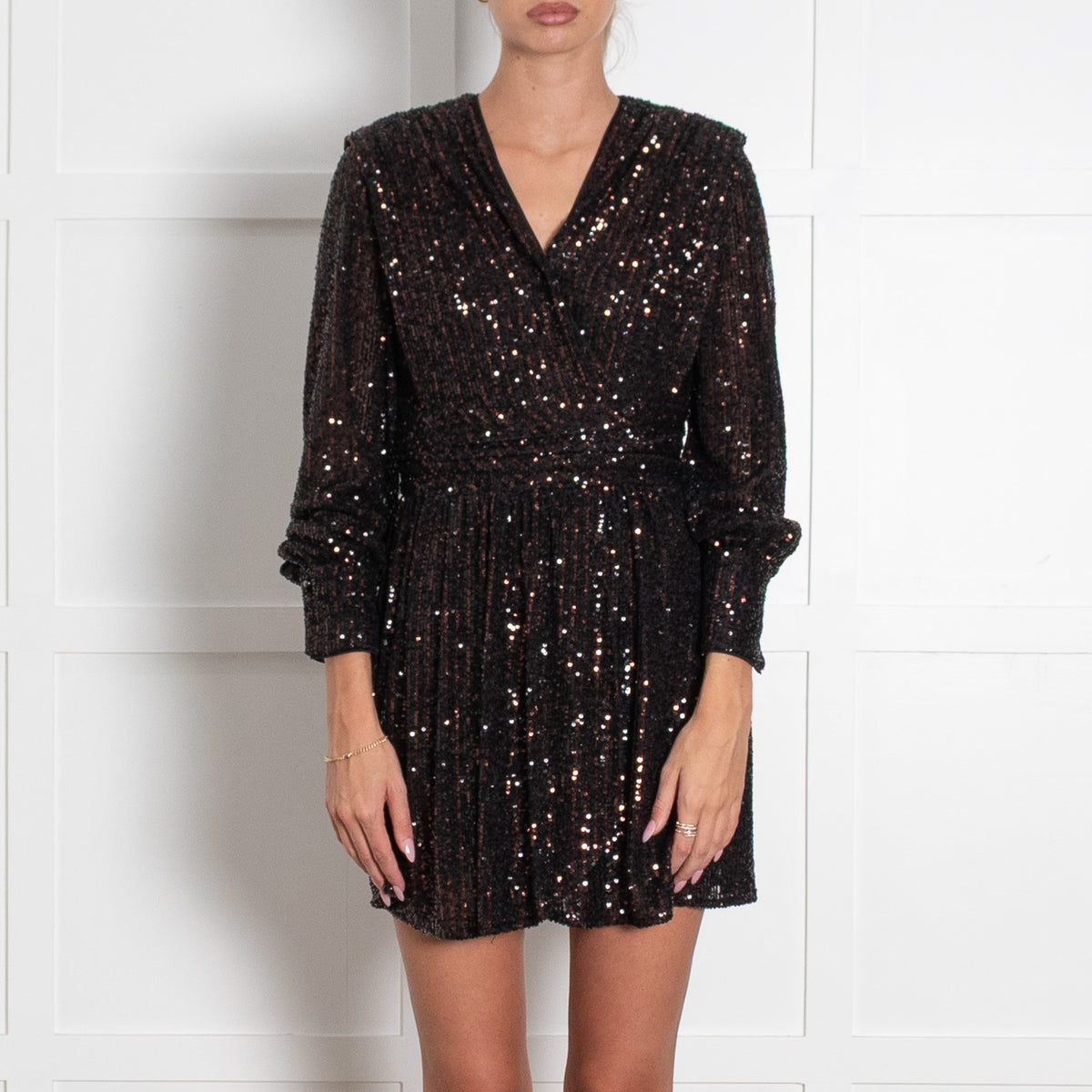 Claudie Pierlot Black and Bronze Sequin Mini Wrap Dress