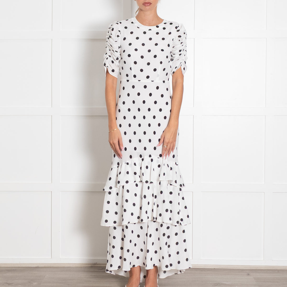 Rixo White and Black Polka Dot Midi Dress with Gathered Sleeves