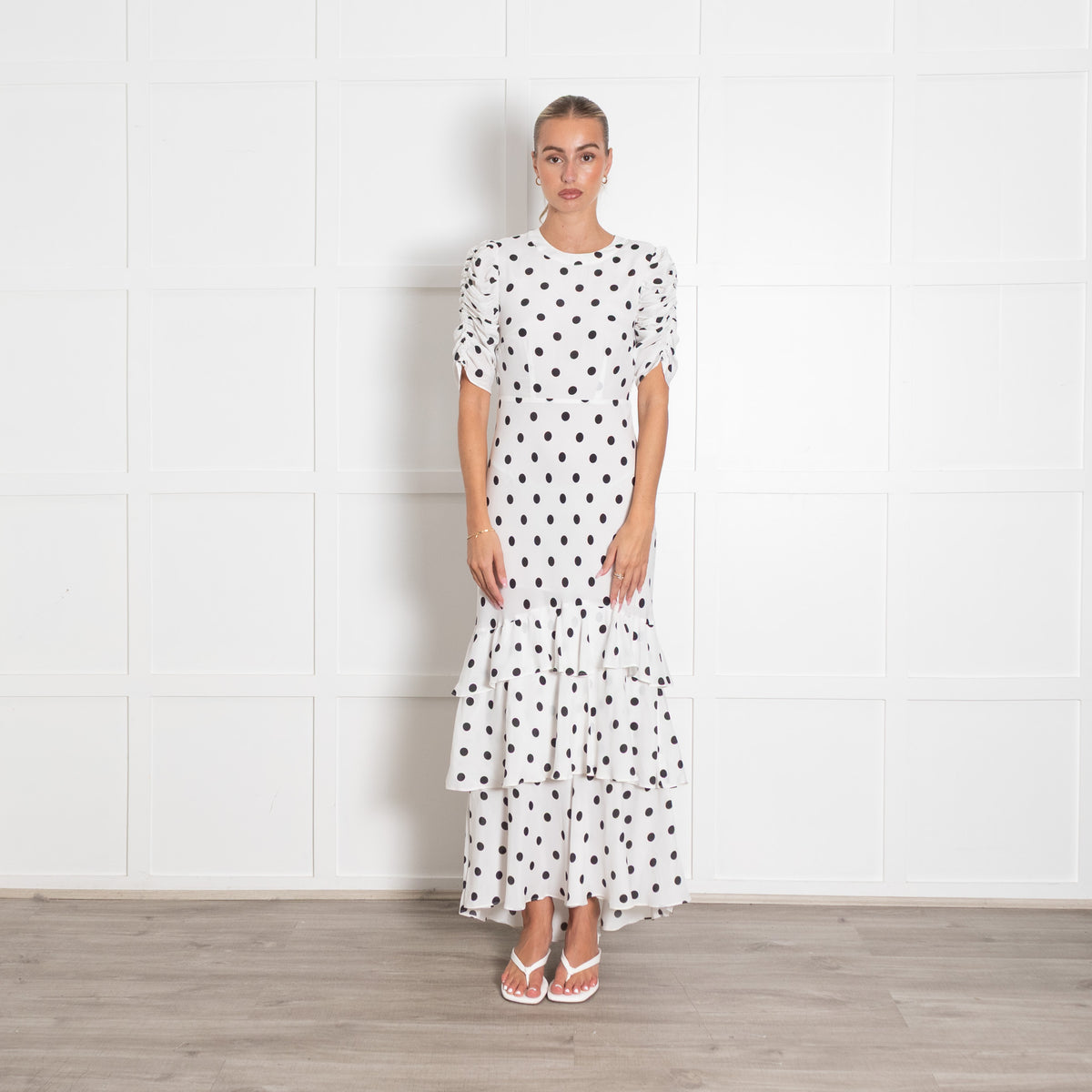 Rixo White and Black Polka Dot Midi Dress with Gathered Sleeves