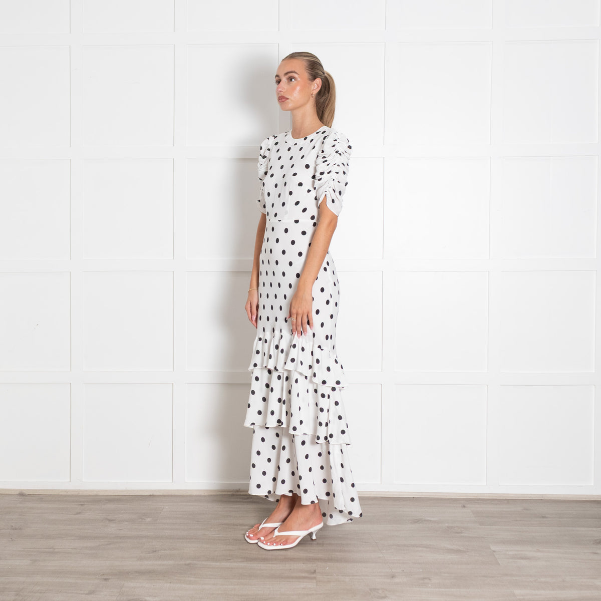 Rixo White and Black Polka Dot Midi Dress with Gathered Sleeves