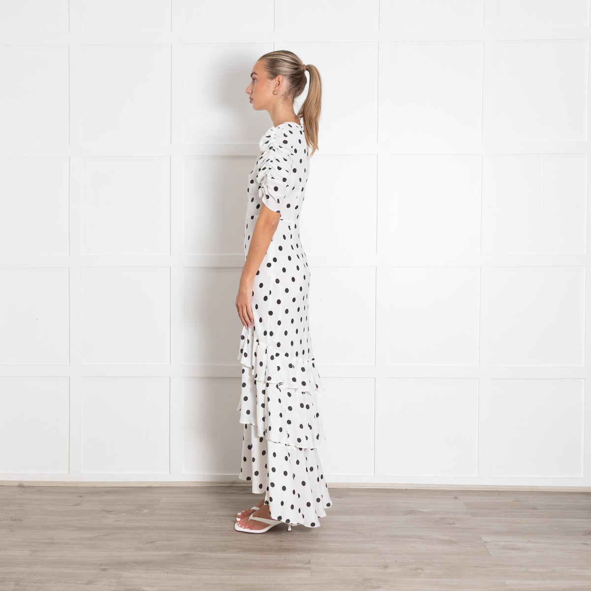 Rixo White and Black Polka Dot Midi Dress with Gathered Sleeves