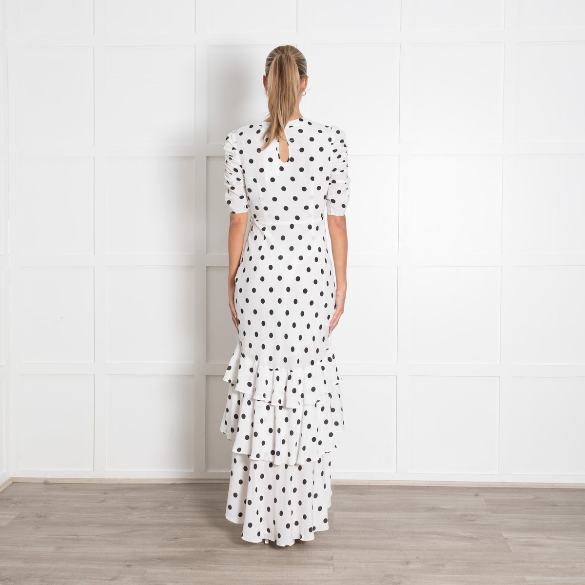 Rixo White and Black Polka Dot Midi Dress with Gathered Sleeves