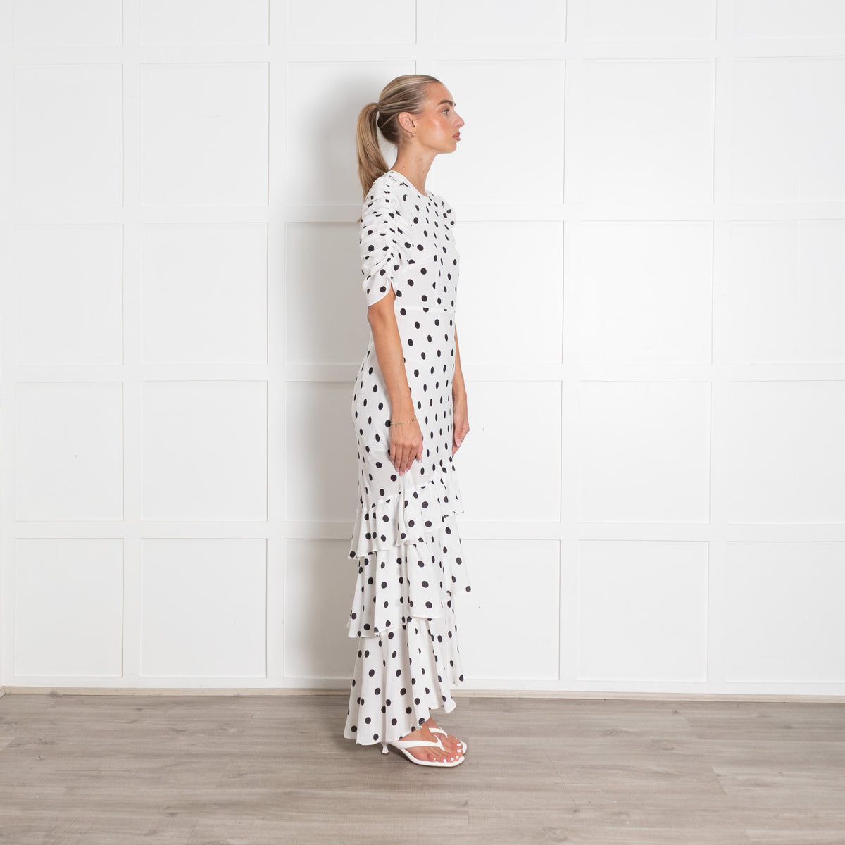 Rixo White and Black Polka Dot Midi Dress with Gathered Sleeves