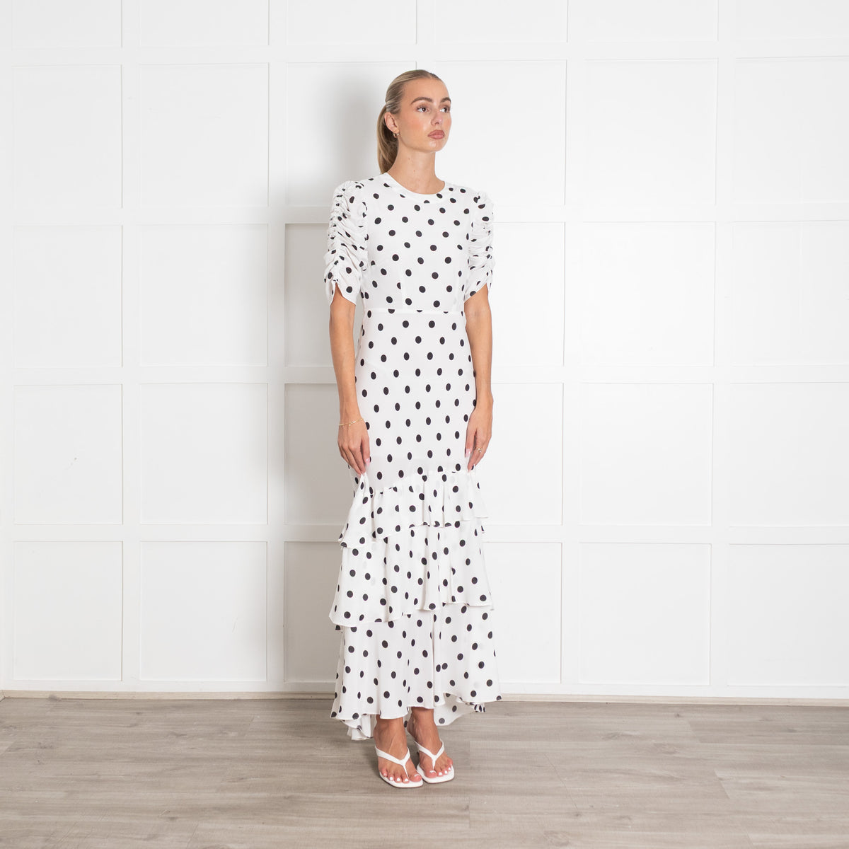 Rixo White and Black Polka Dot Midi Dress with Gathered Sleeves