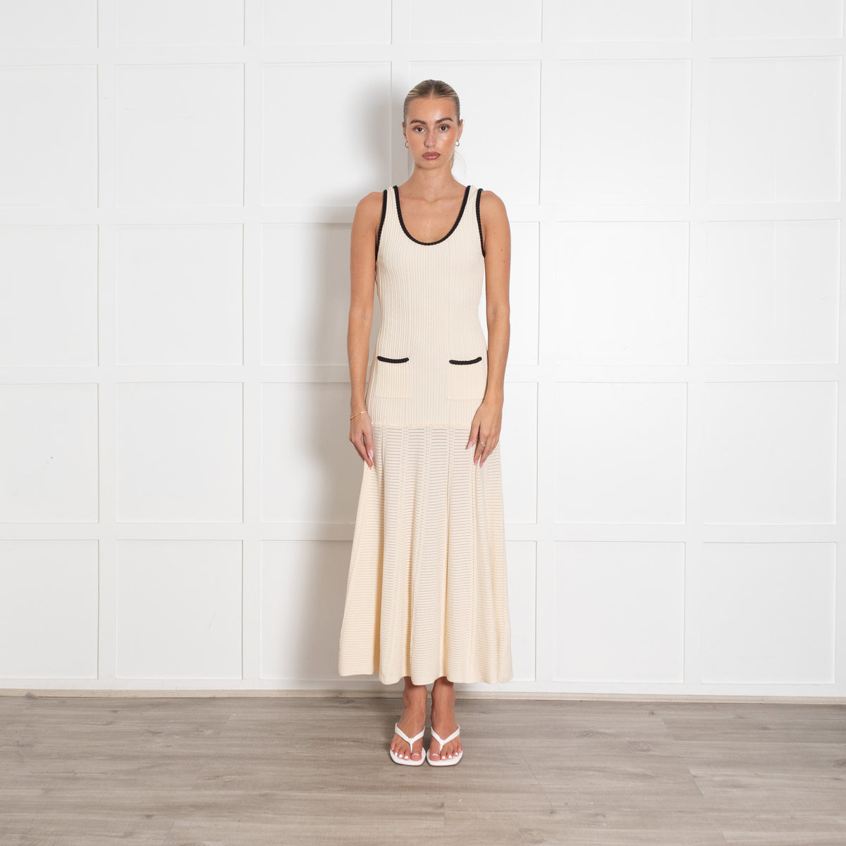 Sandro Cream Rib Knit Pocket Front Midi Dress