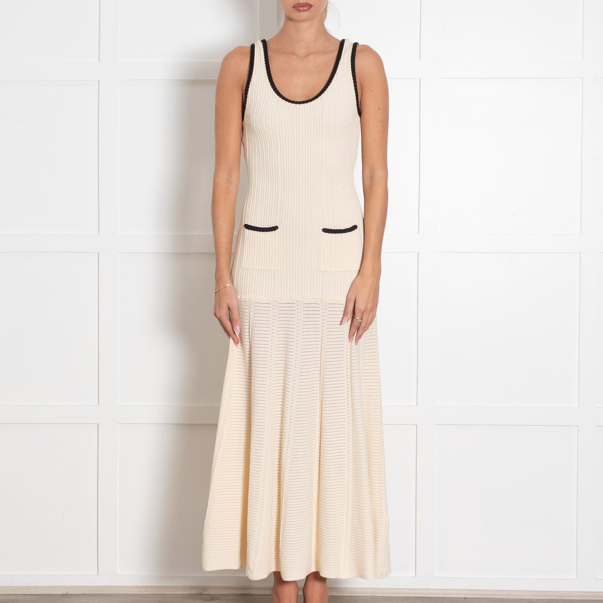 Sandro Cream Rib Knit Pocket Front Midi Dress