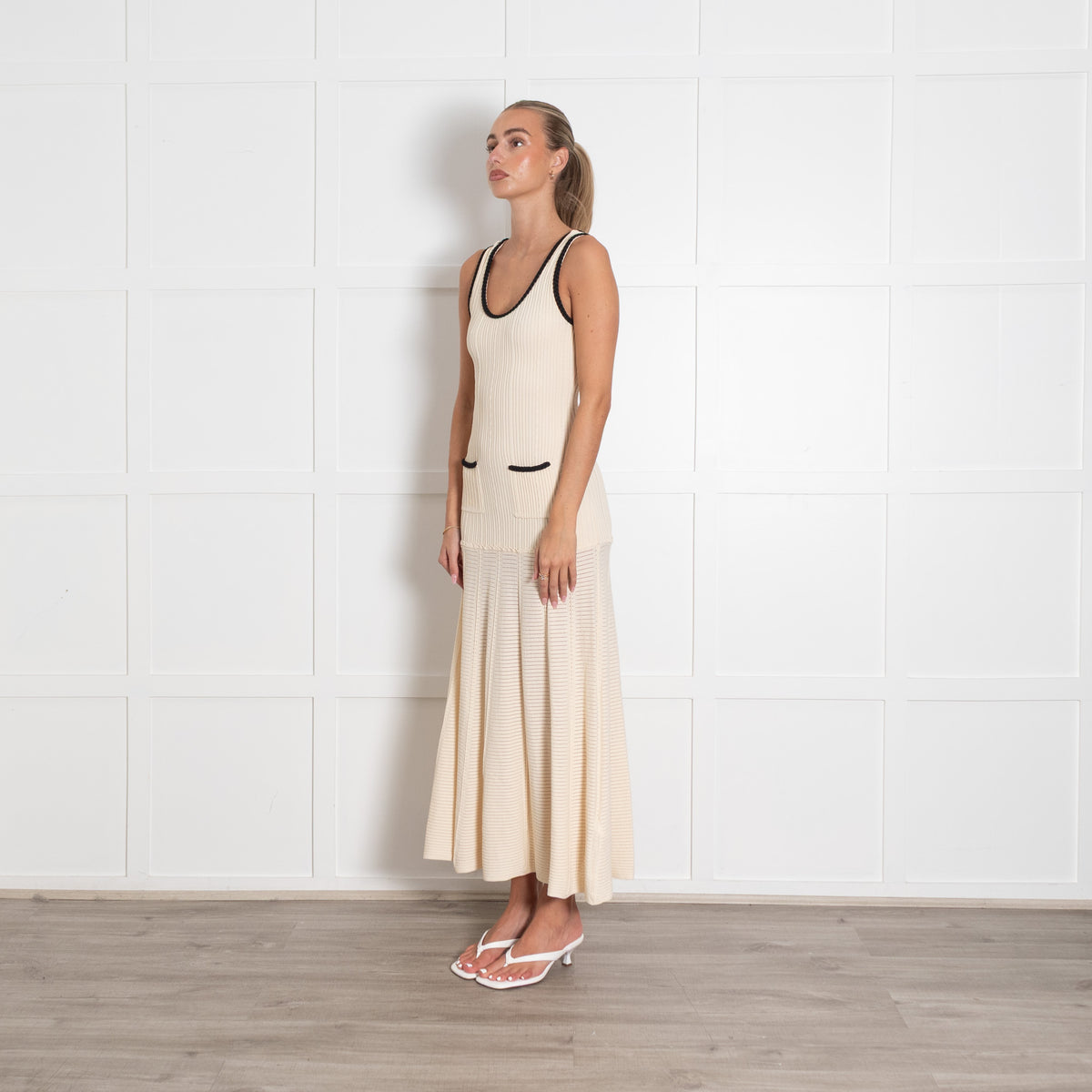 Sandro Cream Rib Knit Pocket Front Midi Dress