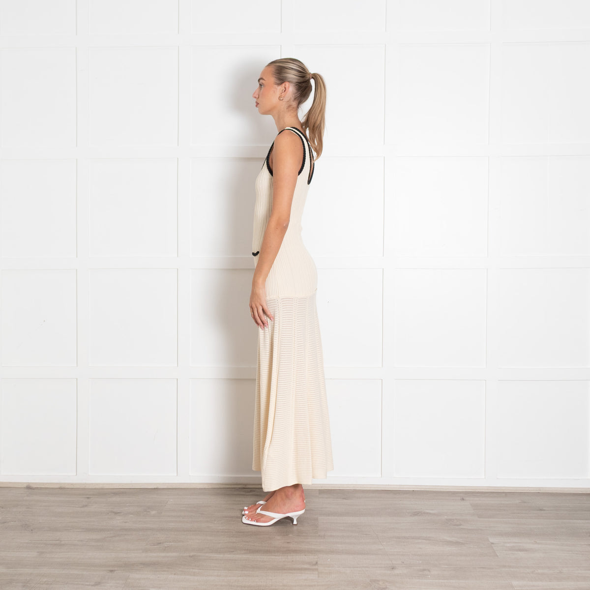 Sandro Cream Rib Knit Pocket Front Midi Dress