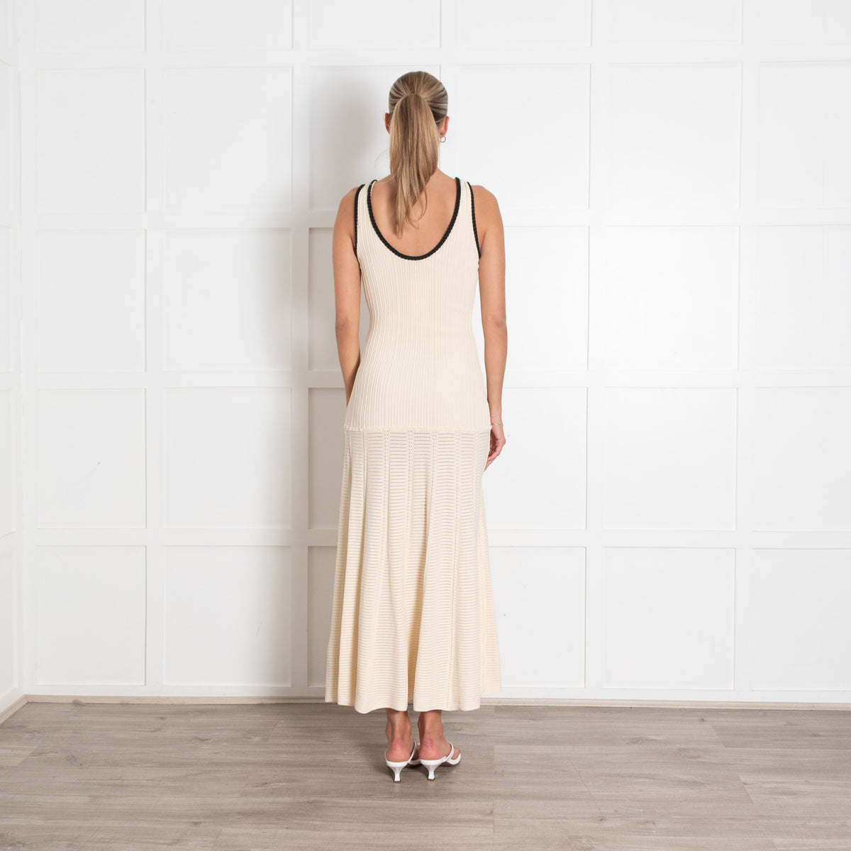 Sandro Cream Rib Knit Pocket Front Midi Dress